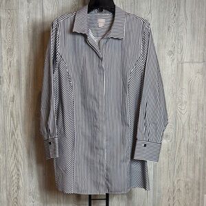 Chico's Black and White Stripe Collared No Iron Button Up Tunic Shirt Size XL
